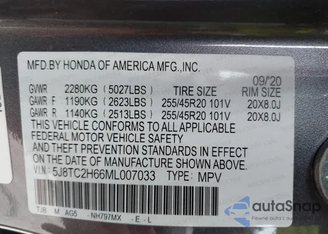 2021 Acura Rdx A-Spec Package from USA, damaged, VIN 5J8TC2H66ML007033